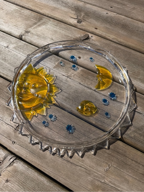 Mikasa Nova Glass Other - Vintage Celestial Sun Moon Glass Tray 12” Amber Blue Stars Decorative Plate